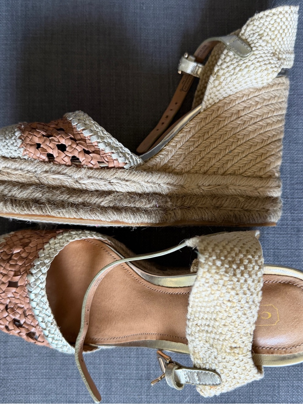 Coach Woven Espadrille Wedge Sandals in Rose Gold and Silver SIZE 6.5